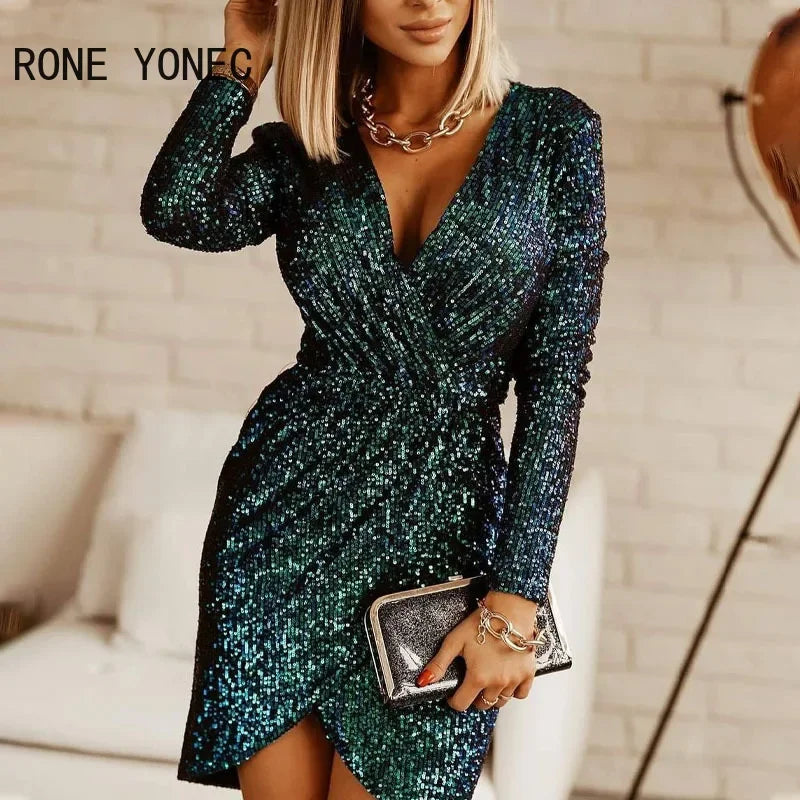 Women’s Solid Long Sleeve Wrap Sequin Party Dress - Sexy and Elegant