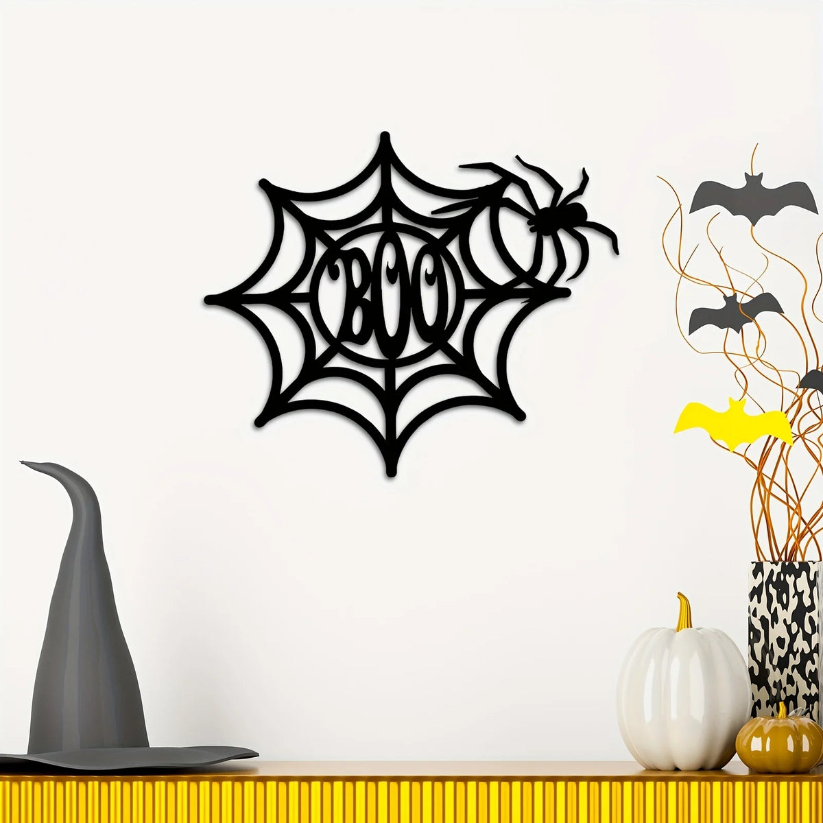 1PC Decorative Halloween Metal Wall Decor Pumpkins Bat Spider Web Boo Art Wall Pediment Wall Plaque for Door Home Window Kitchen