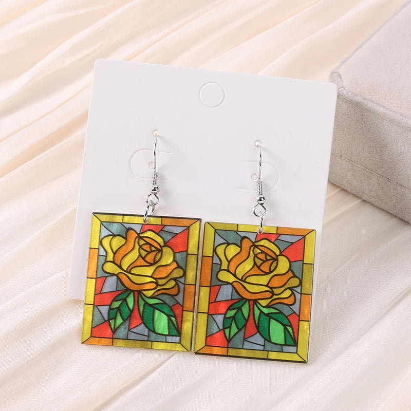 1 Pc Acrylic Dangle Earrings - Stained Glass Look with Rose and Cloud Floral Designs, Perfect Gift for Girls and Women