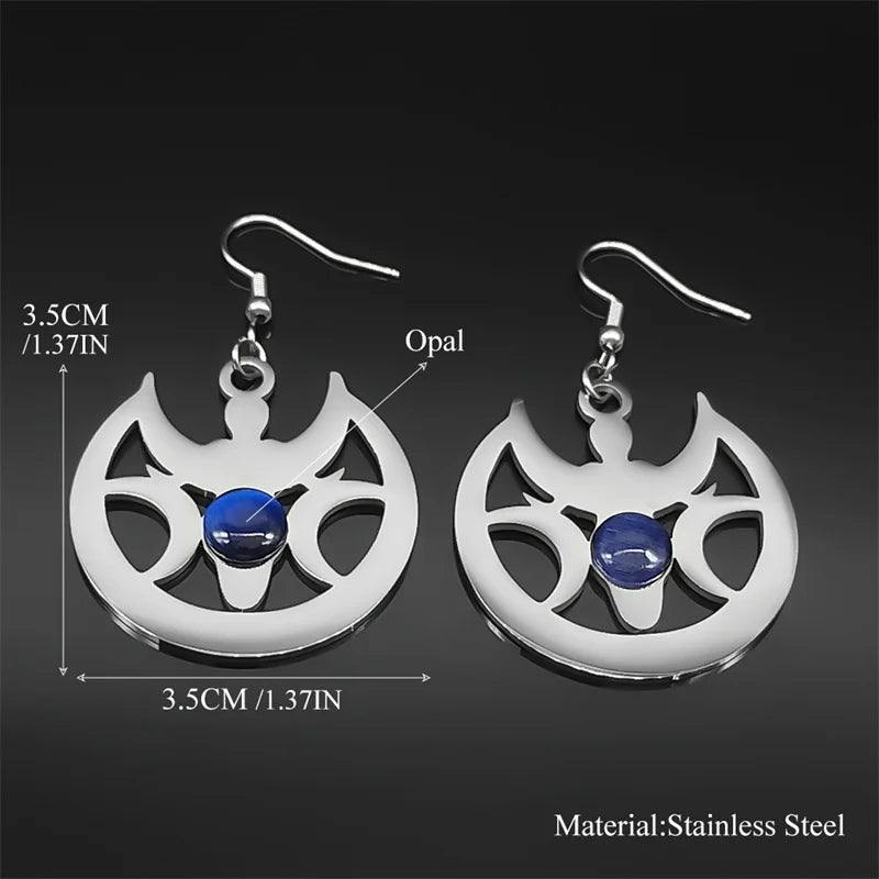 Witchcraft Triple Moon Opal Stone Hoop Earrings – Stainless Steel Triple Goddess Silver Color Drop Earrings for Women