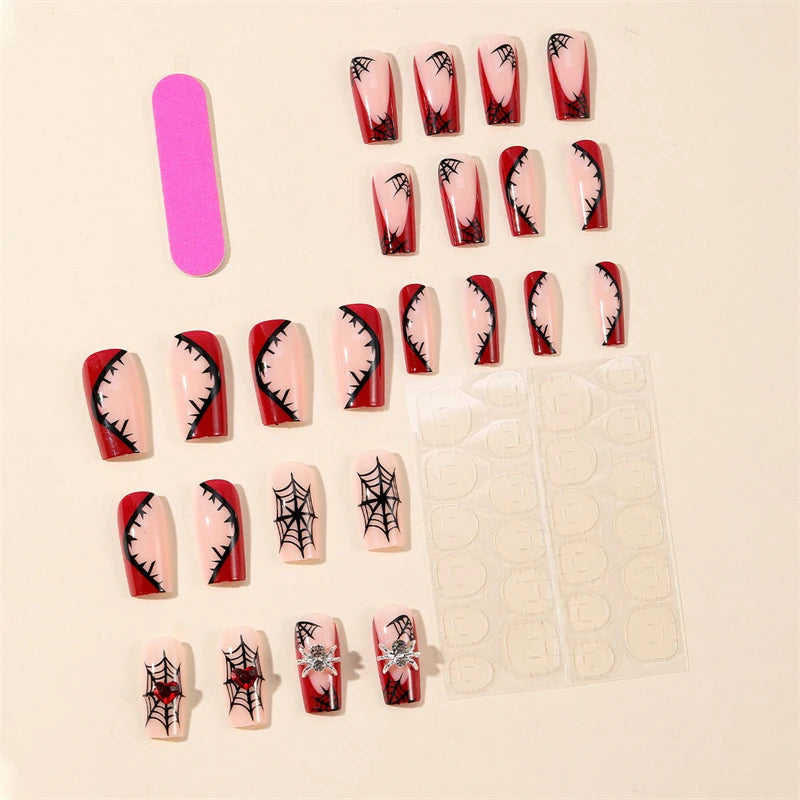 24Pcs Heavy Metal Halloween False Nails – Silver Spider Design, Handmade Full Cover, Wearable Black Almond Press-On Nails