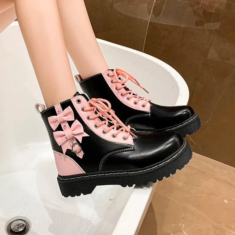 Kawaii Girl Pink Boots - 2023 New High-Top Lace-Up Butterfly Knot Women’s Motorcycle Boots, Fashion Student Platform Shoes