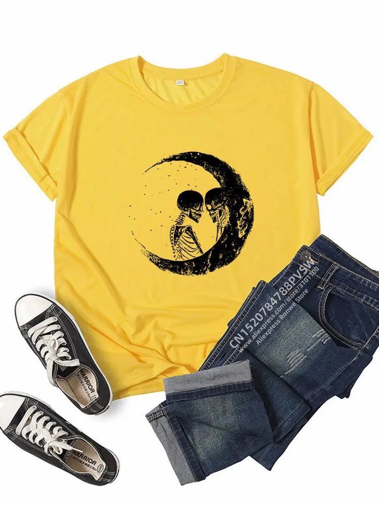 Love In a Crescent Moon Round Neck Short Sleeved Graphic Print Tee Shirt