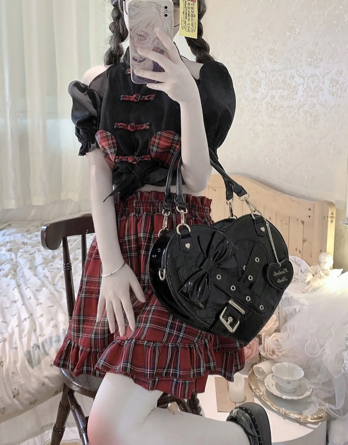 Gothic Cross Lolita Heart-Shaped Handbag: Kawaii Japanese Bow Tie Satchel for Stylish Girls