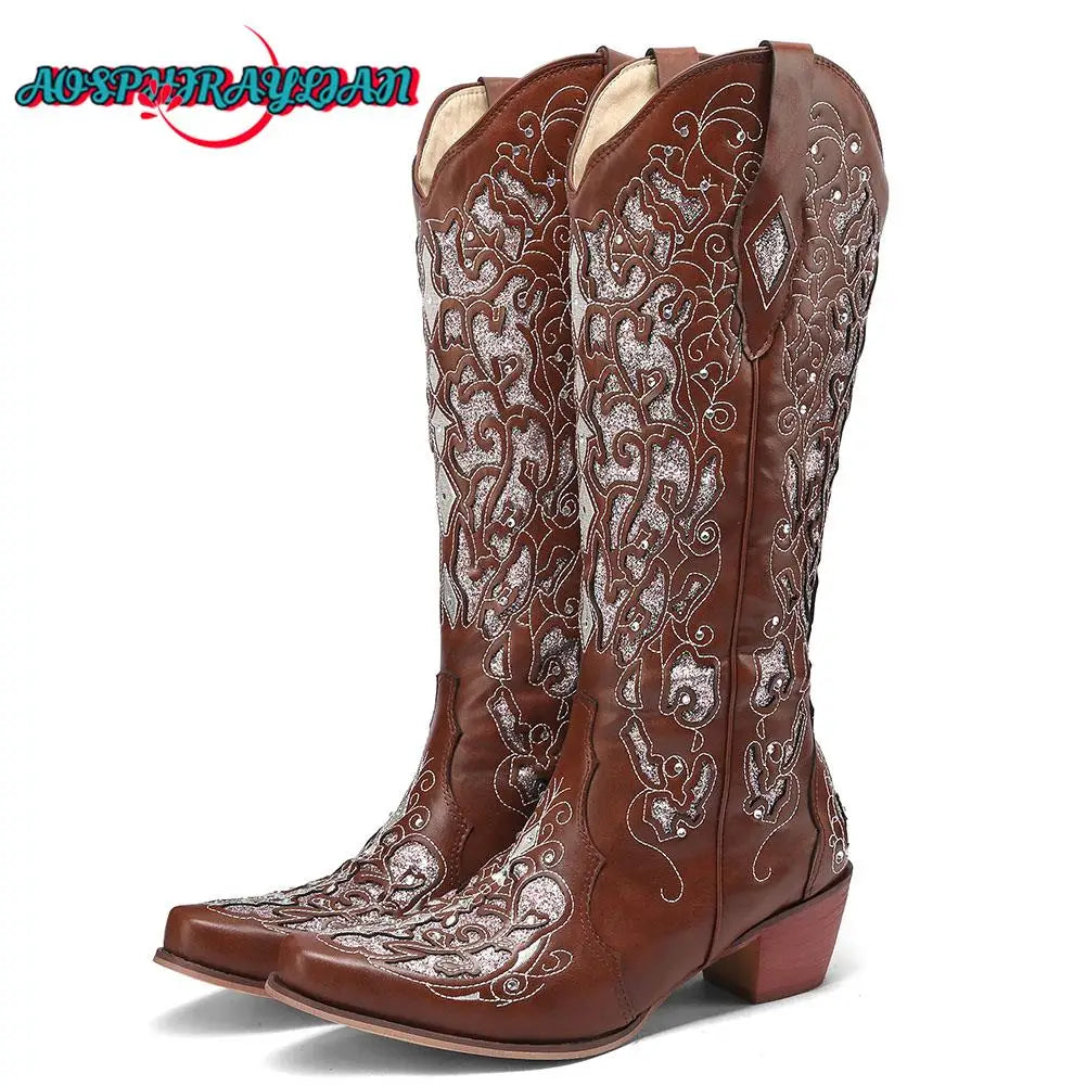 Bling Crystals Retro Western Cowboy Knee-high Boots for Women 2023, Embroidered Floral Cowgirl Shoes