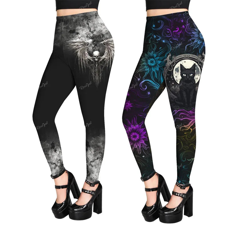 Plus Size Gothic Women's Skinny Leggings | 3D Skull, Cat, Dinosaur Prints | Pencil Pants Bottoms for All Season Wear
