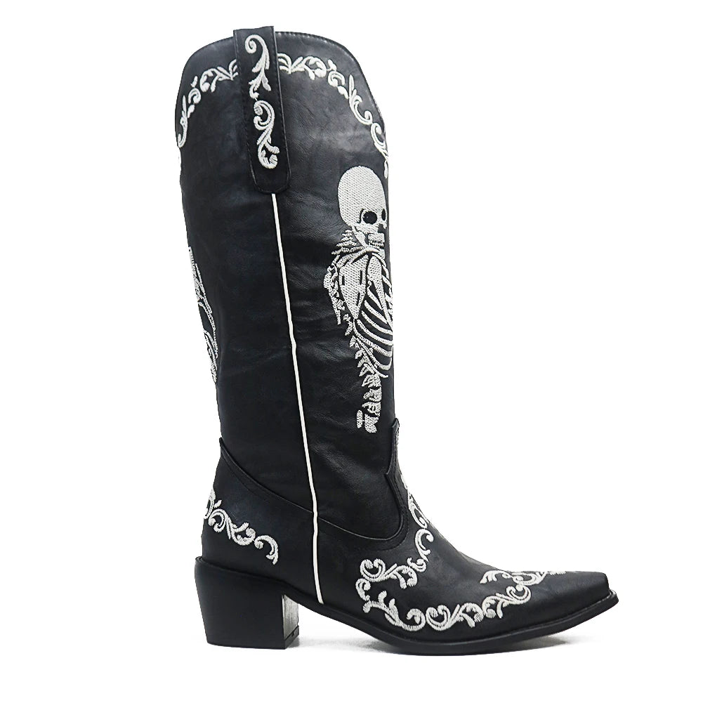 Women Skull Skeleton Selfie Cowboy Western Mid Calf Boots Pointed Toe Slip-On Stacked Heel Goth Punk Autumn Shoes Brand Designer