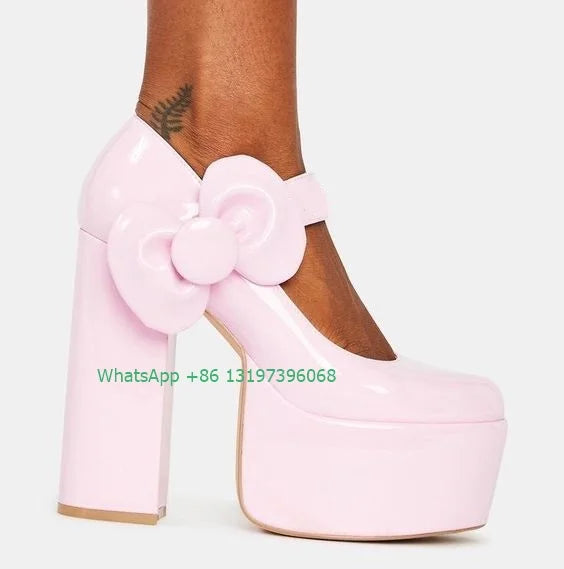 Lady Pink Bow Tie Mary Jane High Heels – Elegant Cute Platform Chunky Square Heel Hollow Summer Banquet Shoes