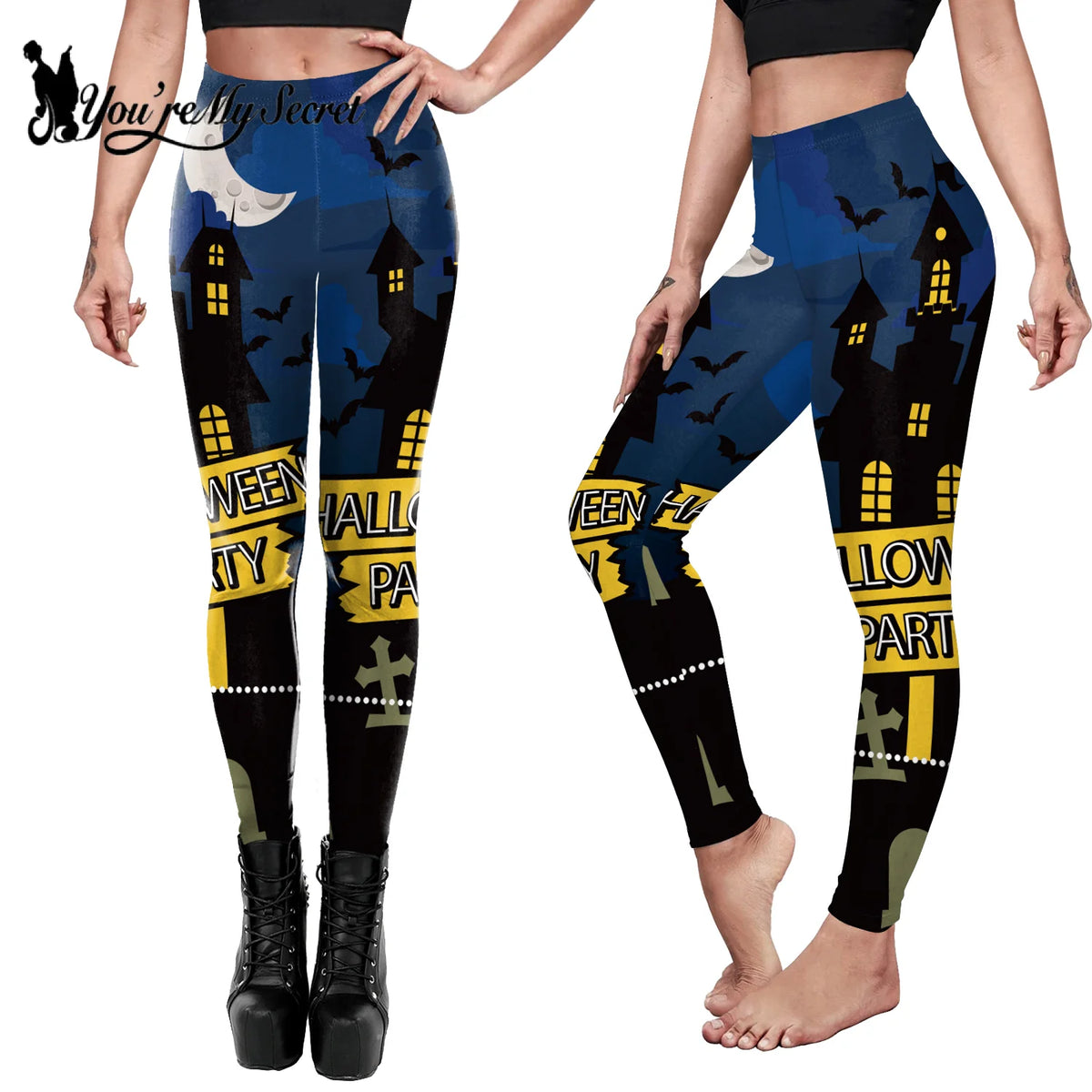 [You're My Secret] Women Skull Printed High Waist Stretch Pants Leggings Halloween Carnival Party Cosplay Costume Fancy Dress