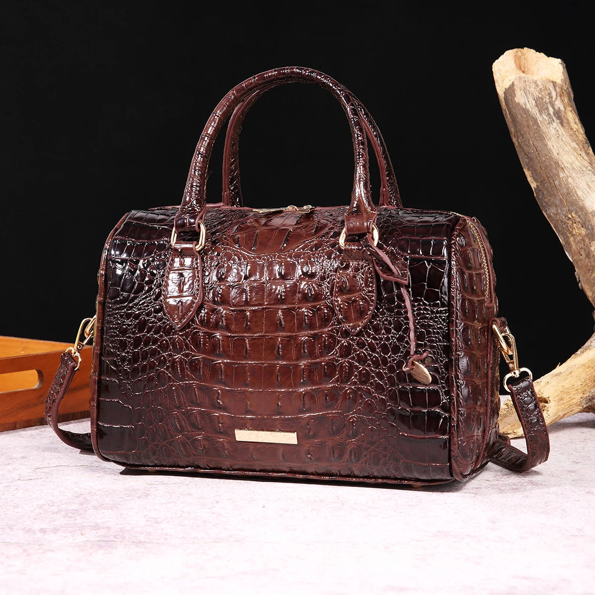 Ombre Crocodile Embossed Boston Handbag - Classic Style Women’s Leather Crossbody Satchel Purse