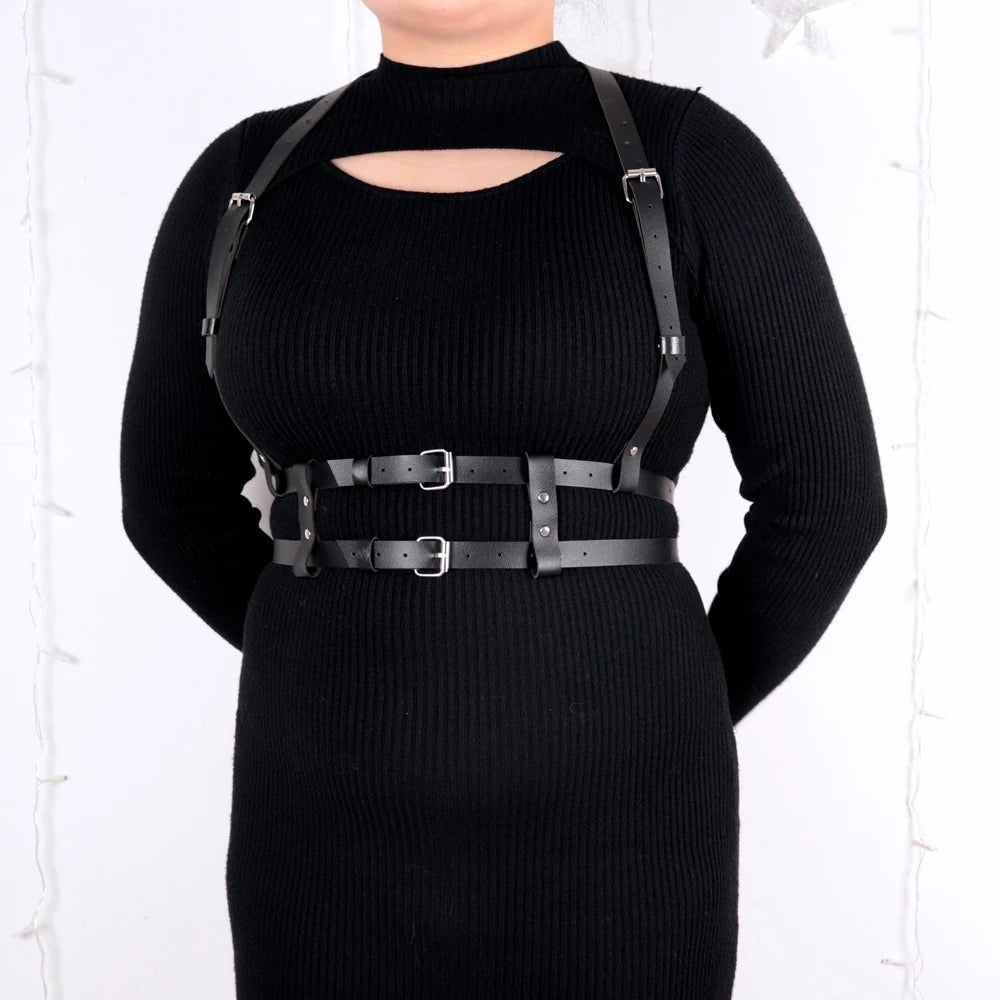 Plus Size Black PU Leather Waist Belt - Gothic Garters with Metal Circle Ring Design