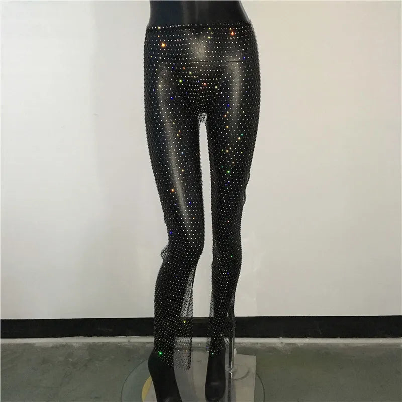 Sexy Fishnet Rhinestone Mesh Chain Look Baggy Pants