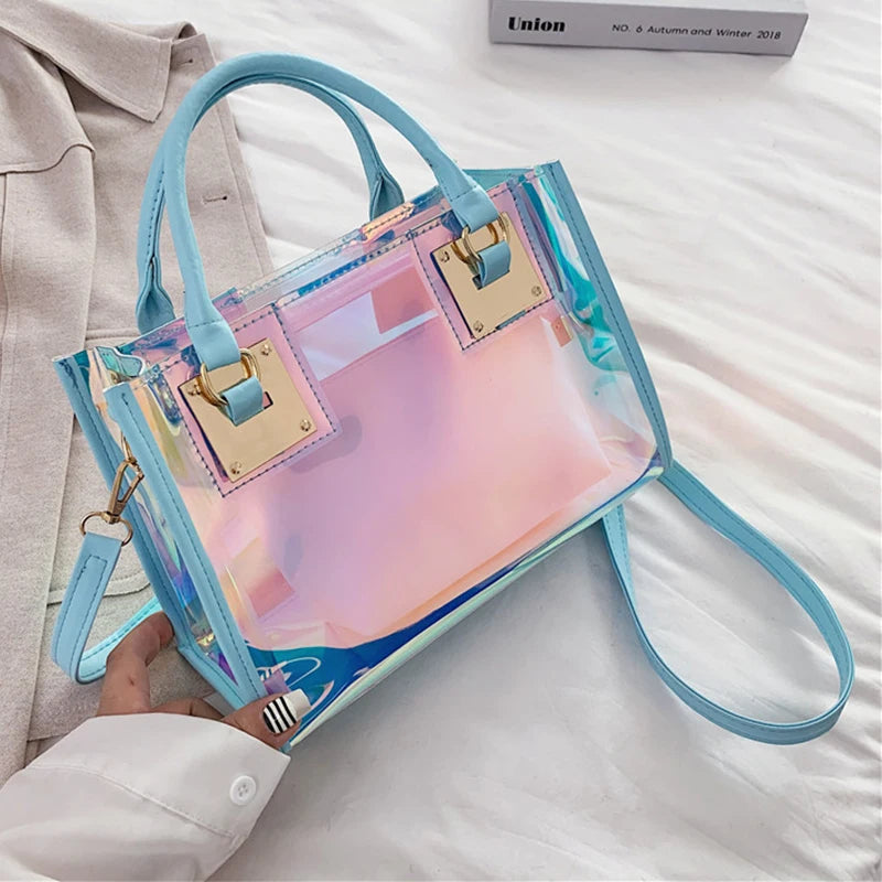 Fashion Laser PVC Jelly Tote Handbag for Women Large Capacity Transparent Top Handle Bags with Coin Wallet Lady Shopping Purse