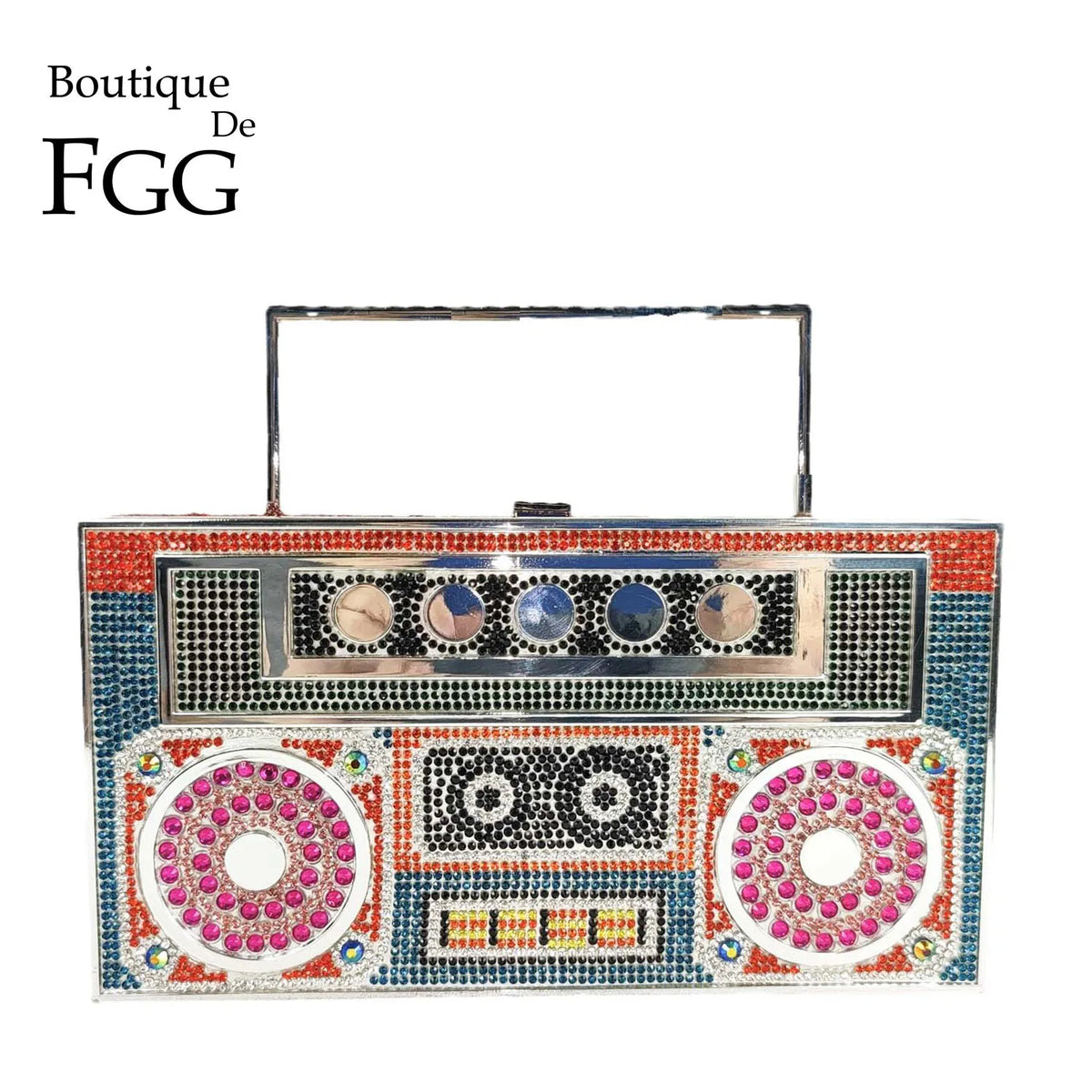 Boutique De FGG Boombox Radio Shape Rhinestone Tote – Novelty Metal Clutch with Chain Shoulder Crossbody Bag for Women