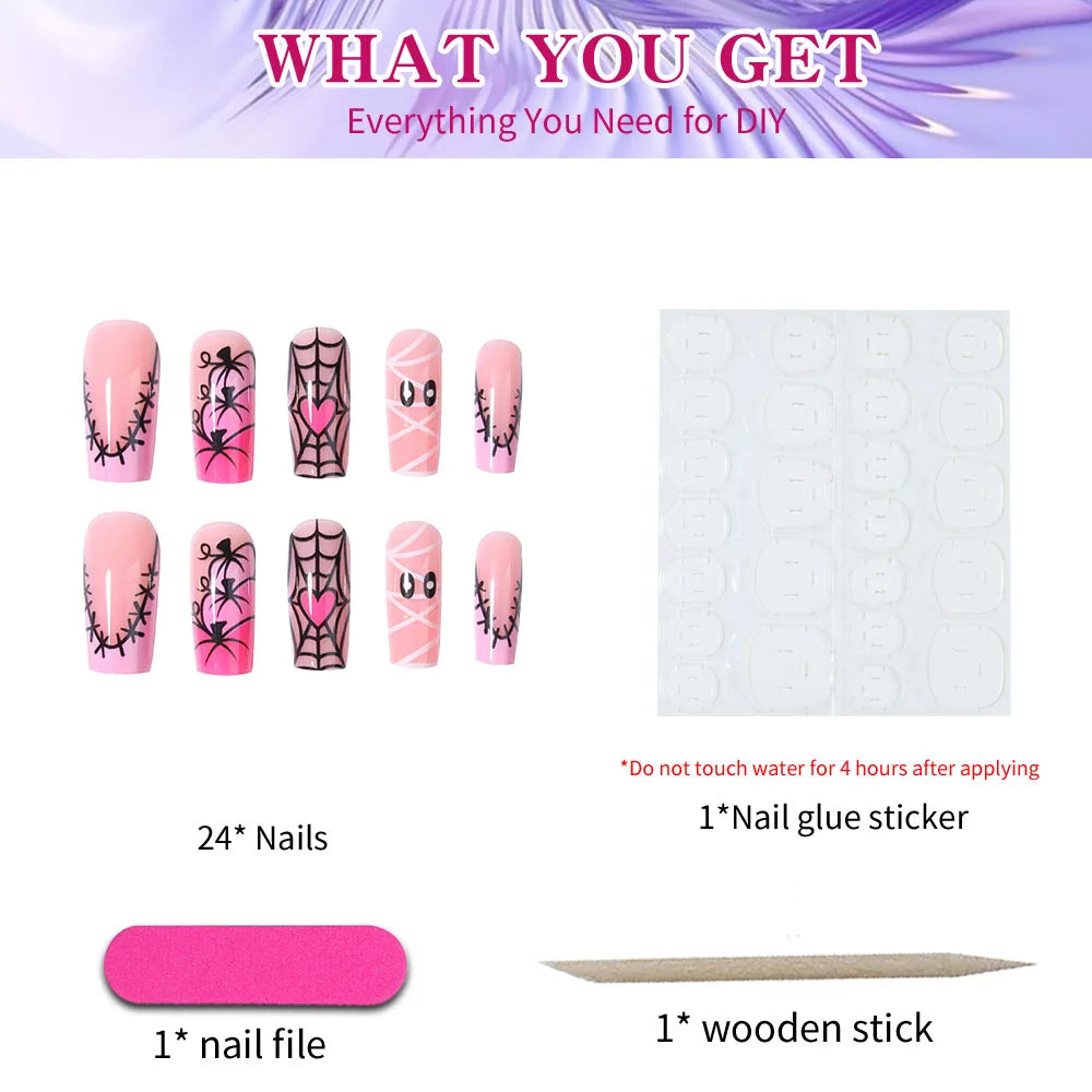 24pcs Halloween Press-On Nails – Medium Square Pink Nails with Pumpkin, Mummy, and Cobweb Design for Women