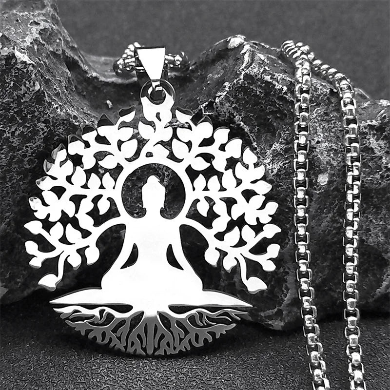 Buddhism Meditation Necklace Stainless Steel Tree of Life Pendant Yoga Buddhist Chakras Reiki Chain Jewelry