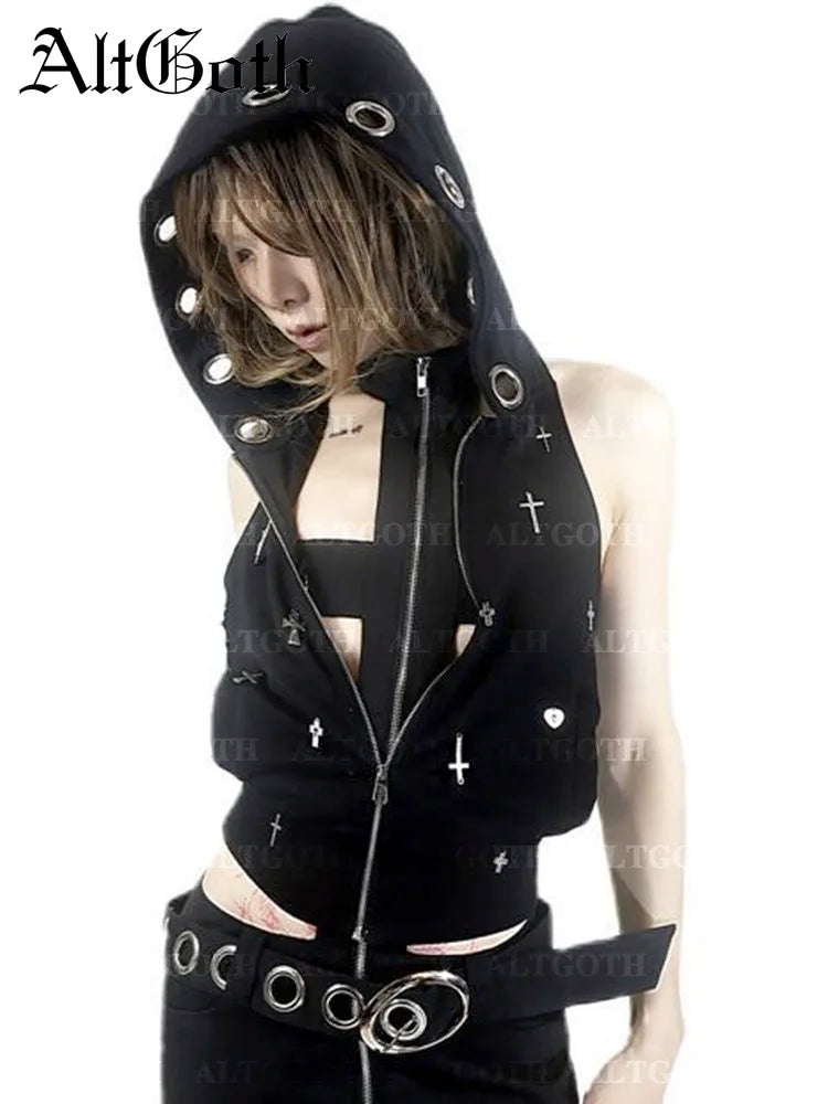 AltGoth Streetwear Gothic Dark Vest Women Harajuku Y2k E-girl Cyberpunk Cross Hooded Crop Tank Top Emo Alt Grunge Outfits Female