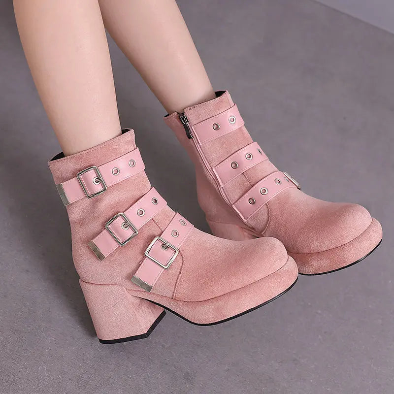 REAVE CAT Flock Suede Women Ankle Boots Round Toe Block Heels 8cm Platform 2.5cm Zipper Belt Buckle Big Size 42 43 Casual Bota