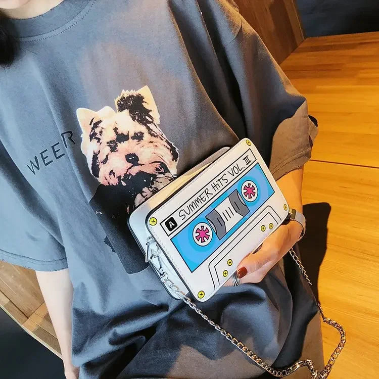 Summer Small Shoulder Bag - Tape Recorder Design, Cute Funny Cartoon PU Leather Chain Crossbody Bag for Women, Day Clutch