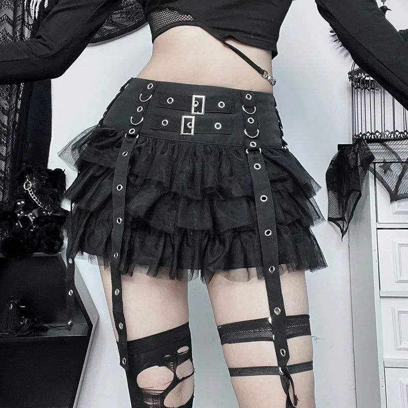 Women's Punk Style Multi-Layered Mesh Cake Skirt – Features a woven belt and adjustable fit, creating a bold, edgy look. Short skirt design with layers of mesh adds texture and volume, making it perfect for alternative fashion styles