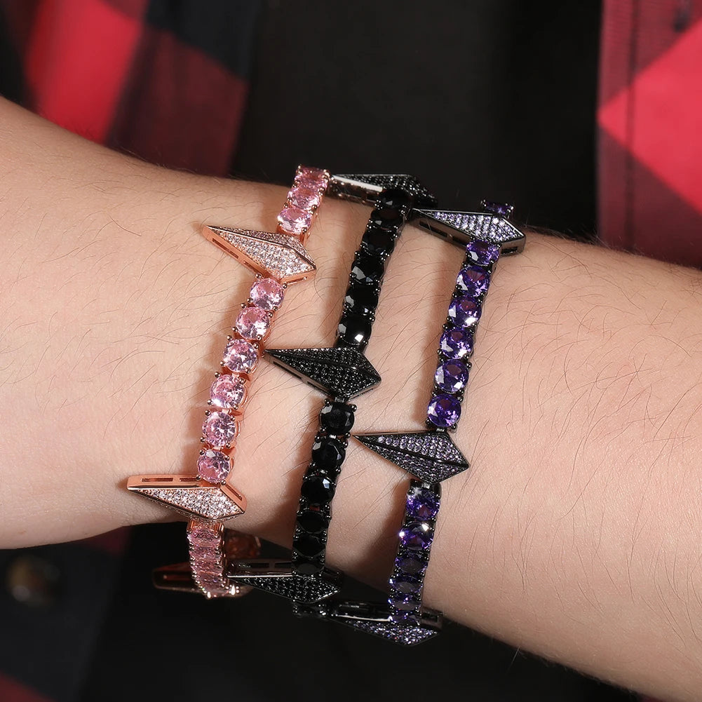 THE BLING KING Goth Black Panther Bracelet - Men's Spike Rivet 4mm Tennis Chain, Iced Out Pink Cubic Zircon Punk Jewelry