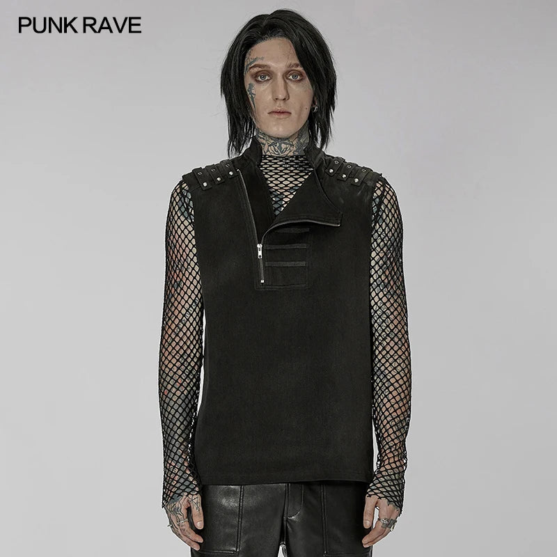 PUNK RAVE Men's Punk Handsome Asymmetric Twill Vest Shoulder Decorative Loop Casual  Tank Tops Four Seasons Men Clothing