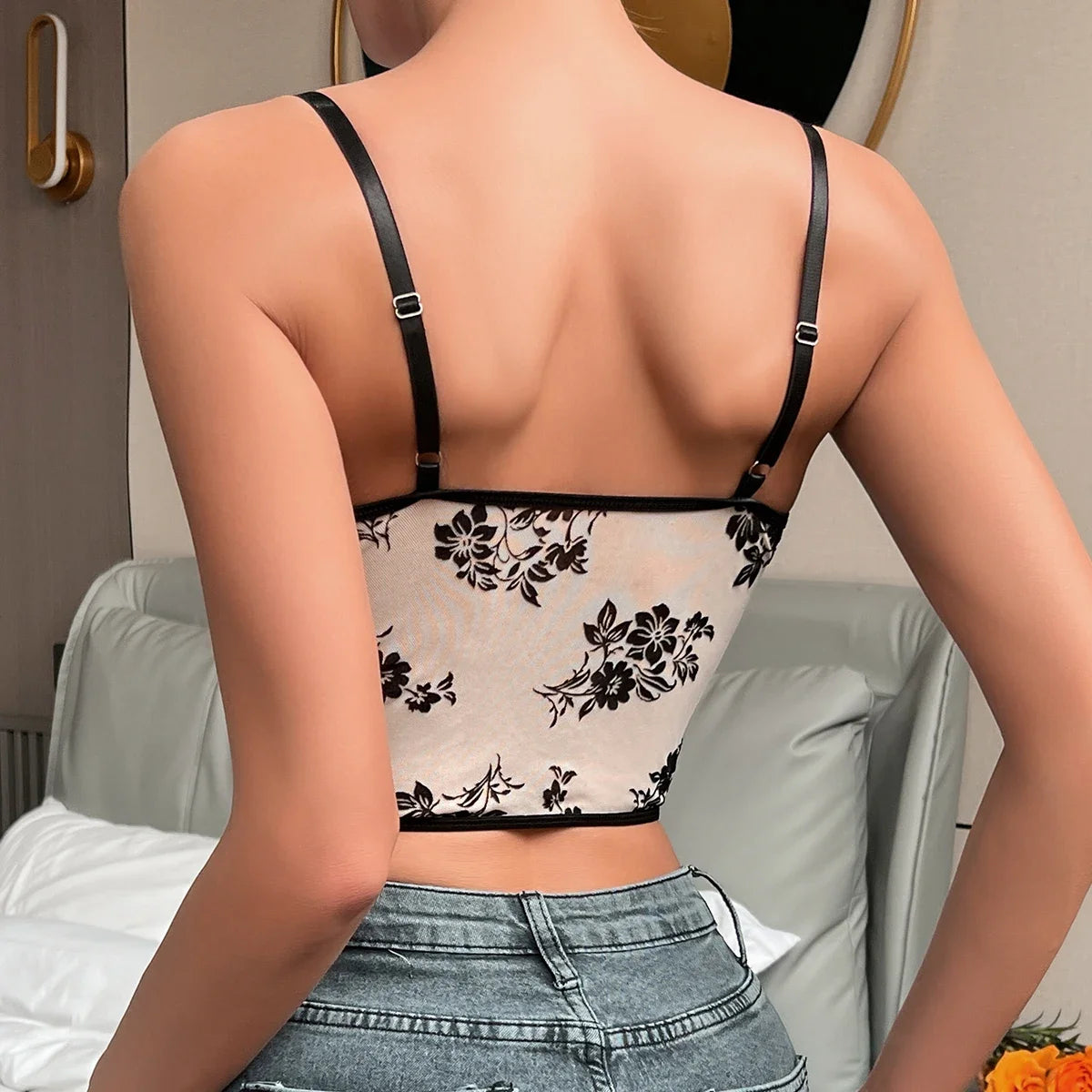 Rin Hollow Mesh Embroidery Slim Crop Top | Spaghetti Strap Sexy Tank Vest | Lace Halter Camisole Corset