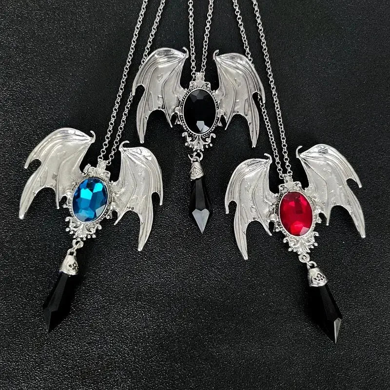 New Goth Halloween Blue Crystal Vampire Bat Pendant Necklace - Blue Black Crystal Choker, Punk Jewelry