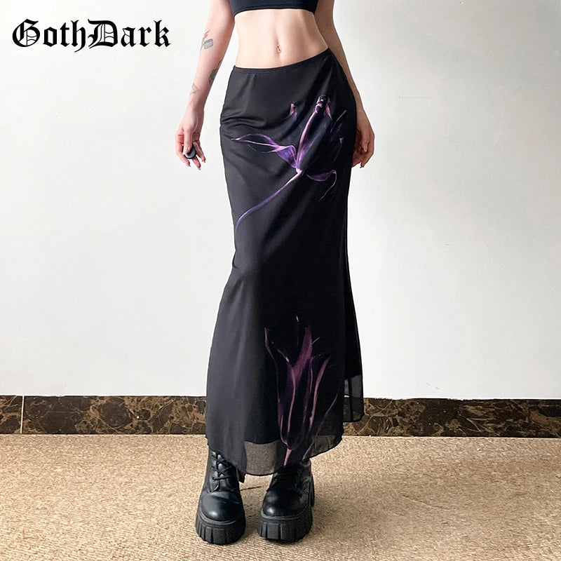 Goth Dark Mesh Double Layered Fishtail Skirt – Fairy Print Y2K Gothic Slim Streetwear for Women