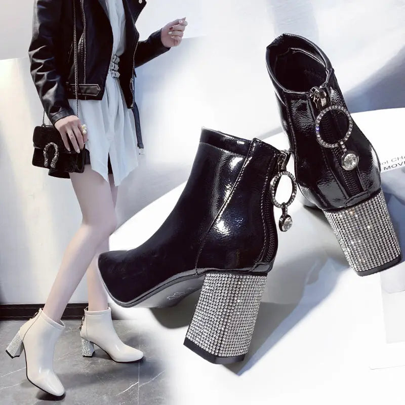 Women’s Square Toe High Heeled Boots - 2023 Fall/Winter Rhinestone Chunky Heel Short Booties