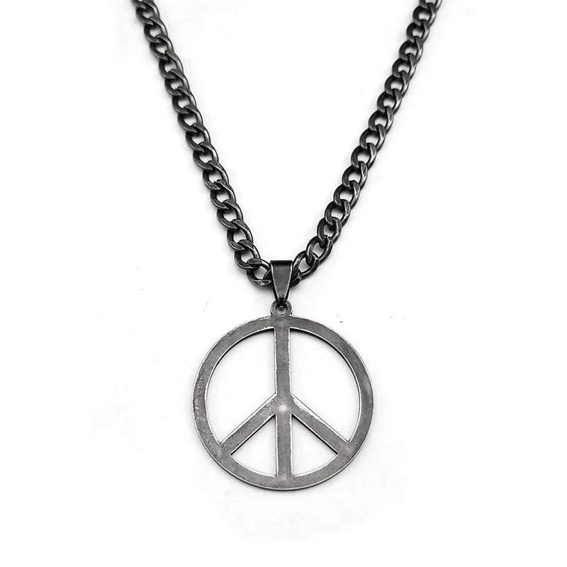 Goth Punk Peace Sign Symbol Pendant Necklace – Stainless Steel, Black Color, Hippie Charm for Women and Men, Party Choker Jewelry