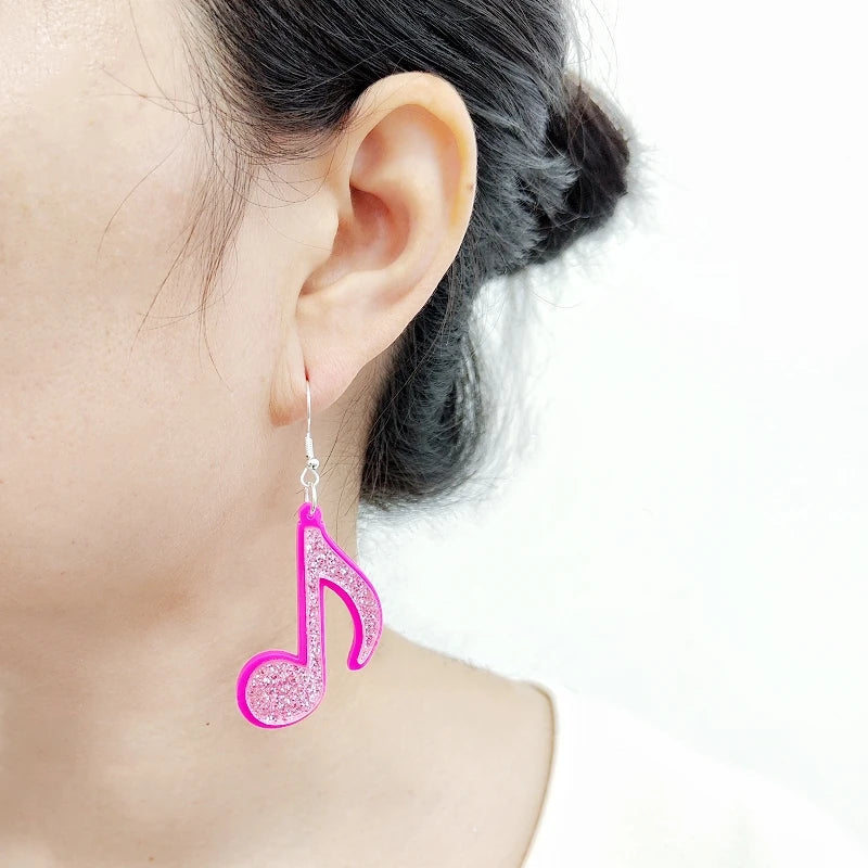 Pink Music Note Dangle Earring for Women - Glitter Acrylic Cute Fashion Jewelry Accessories by KUGUYS