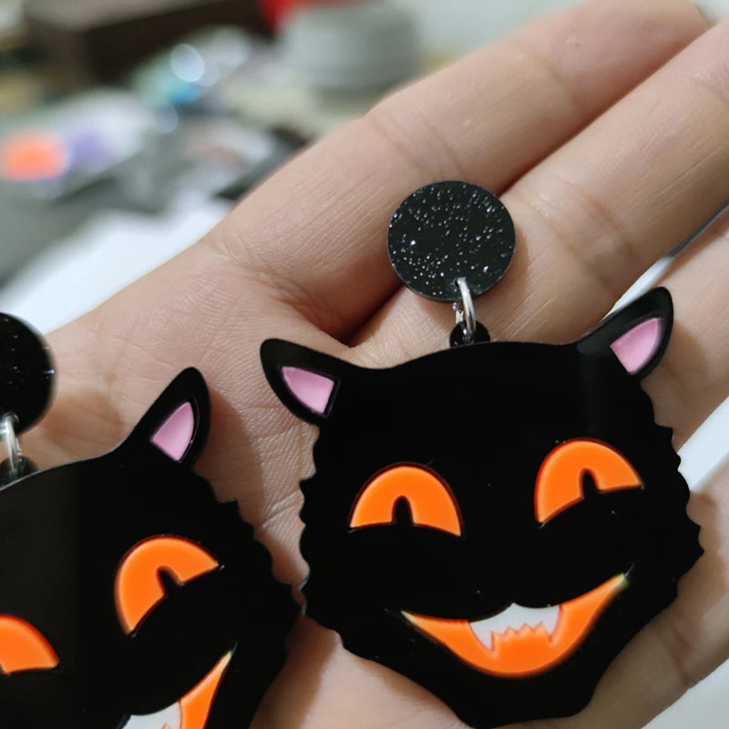 KUGUYS Halloween Black Cat Drop Earrings for Women Jewelry Trendy Acrylic Accessories