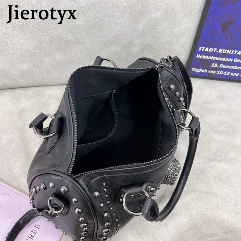 JIEROTYX Trendy Metal Skull Studded Black Handbags – Gothic Rivet Women's Purse, Satchel, Shoulder Bags with Large Capacity