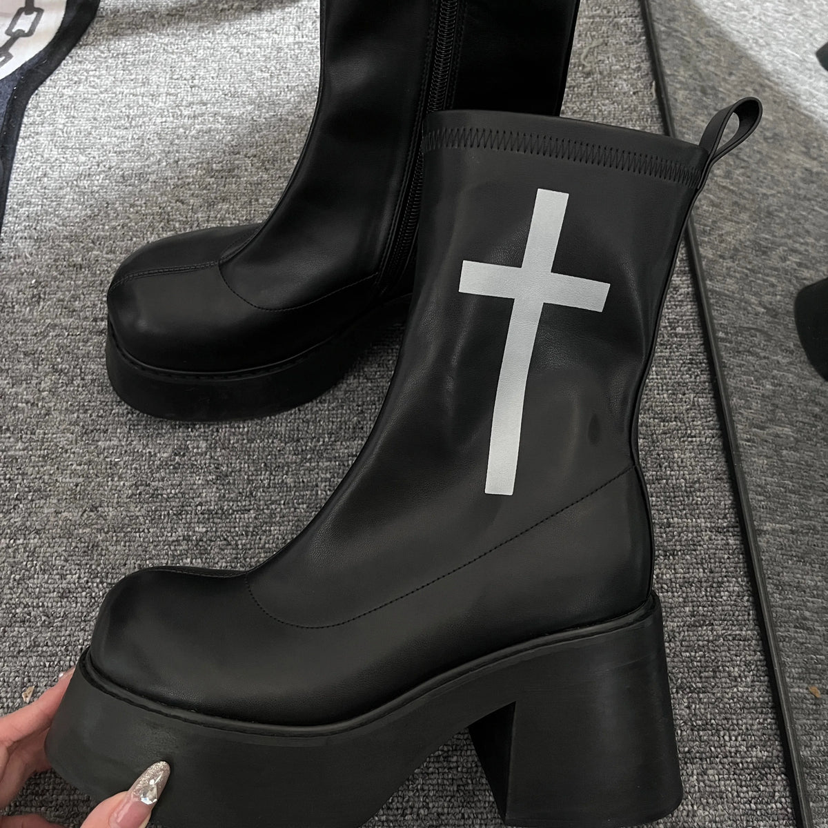 GURURU's Original Gothic Cross Elastic Boots With Thick Soles High Sponge Soles Short Boots PU Fashion Shoes