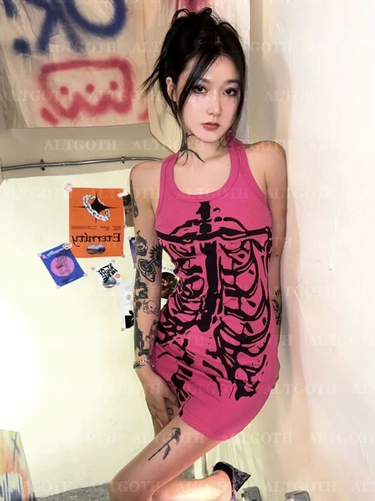 AltGoth Emo Alt Y2K Pink Dress - Women's Streetwear Gothic Dark Skeleton Print Sleeveless Bodycon Dress, Harajuku Grunge Rave Style