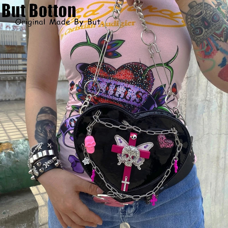 Gothic Lolita Girl Heart Cross Skeleton One Shoulder Underarm Bags Tote Y2K Women Metal Punk Crossbody bags Handbag Female