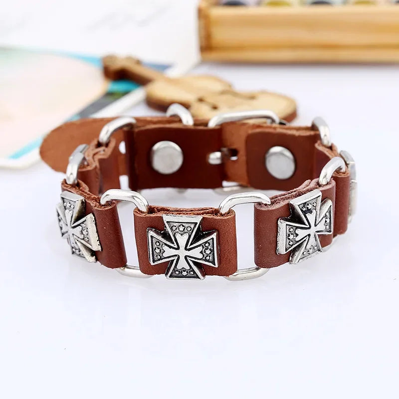 Retro Punk Men’s Leather Bracelet – Brown Cowhide Alloy Cross, Trendy Casual Unisex Snap Button Jewelry