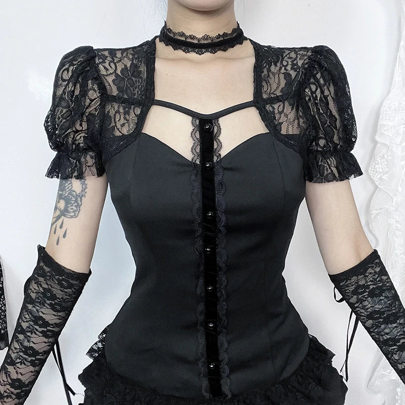 Y2K Gothic Black Lace Corset Crop Top - Harajuku Sexy Aesthetic Summer Tee