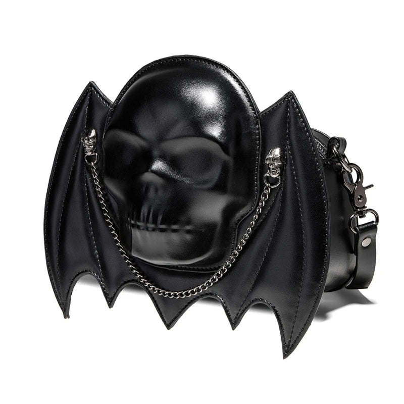 Gothic Punk Skull-Shaped Shoulder Bag – Women’s Halloween Purse with Chain, Black Bat Wing, Adjustable Crossbody Bag