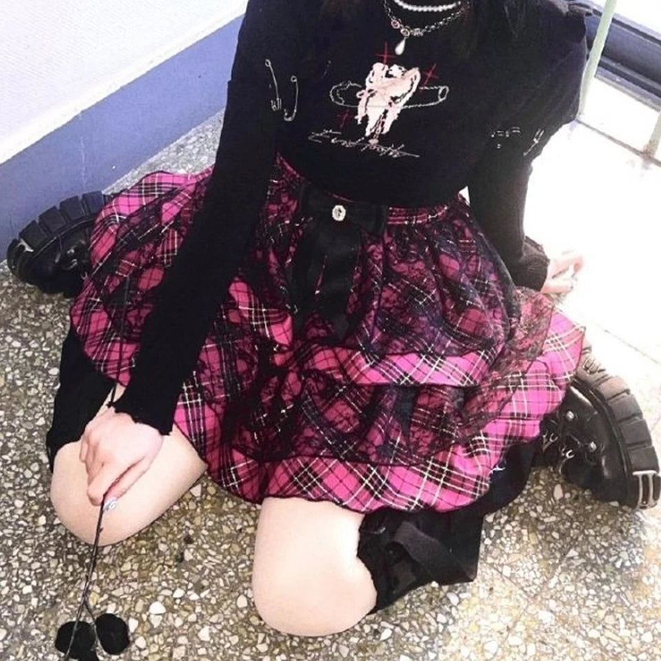 Harajuku Striped Print Y2K Cake Mini Skirt - Gothic Japanese Style Lace Punk Kawaii Skirt for School, Casual Party Skater