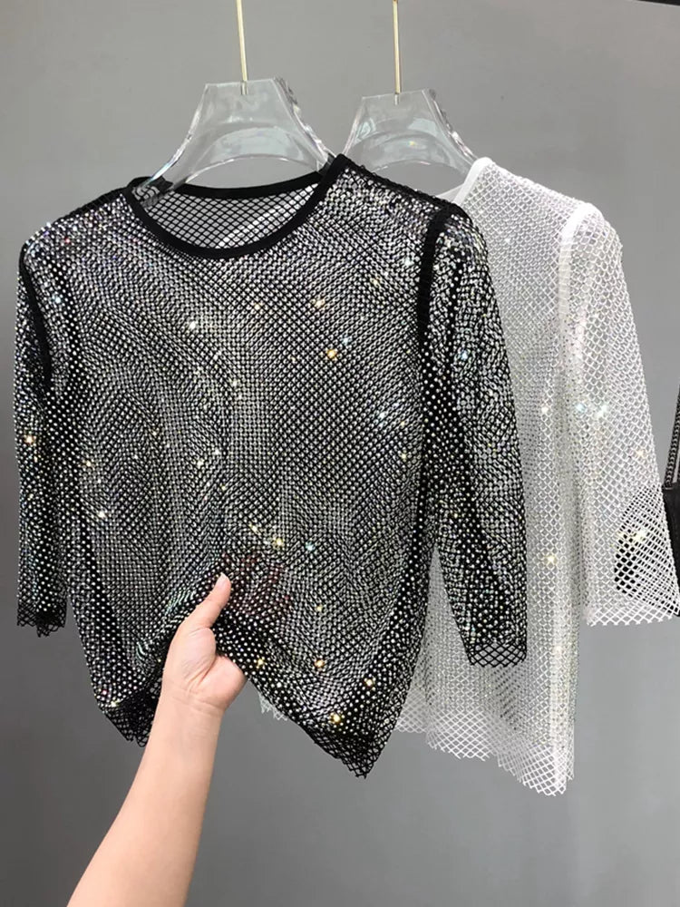 Mesh Crystal Coated Rhinestone Drilling Fishnet Party Top For Women