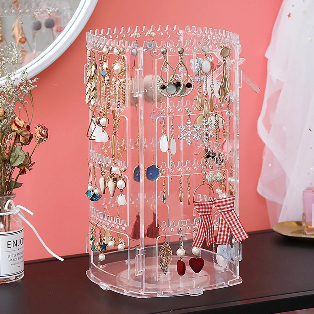 360 Degree Rotating Jewelry Storage Box 2023 Earring Display Stand Plastic Earring Organizer Holder Showcase Jewelry Makeup Case