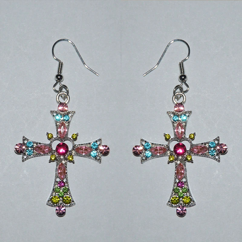 Goth Fancy Retro Pink Heart Cross Purple Zircon Drop Earrings