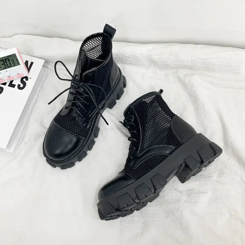 Luxury Women's Black Mesh Lace-Up Ankle Boots | 2024 New Punk Gothic Platform Shoes for Women | Summer Boots