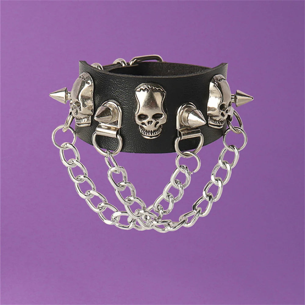 Gothic Skull Chains Spike Bracelet – Adjustable Punk Rock Black Studded Faux Leather for Men and Women Jewelry