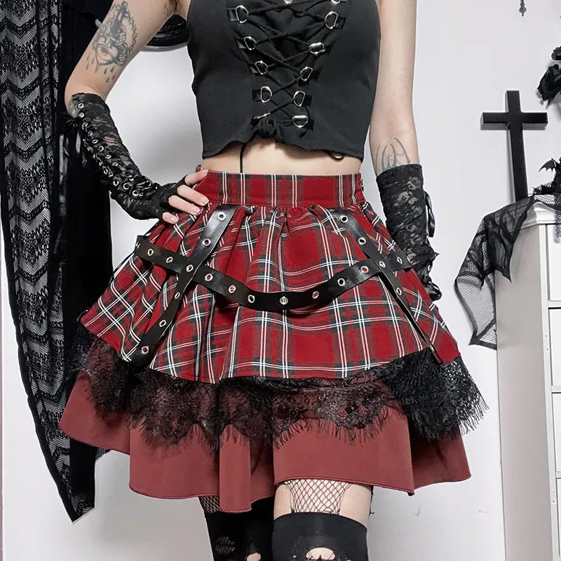 Gothic Harajuku Girls Plaid Pleated Skirt - Punk Sweet Lace Kawaii Clothing, Y2K Lolita Cake Mini Skirt