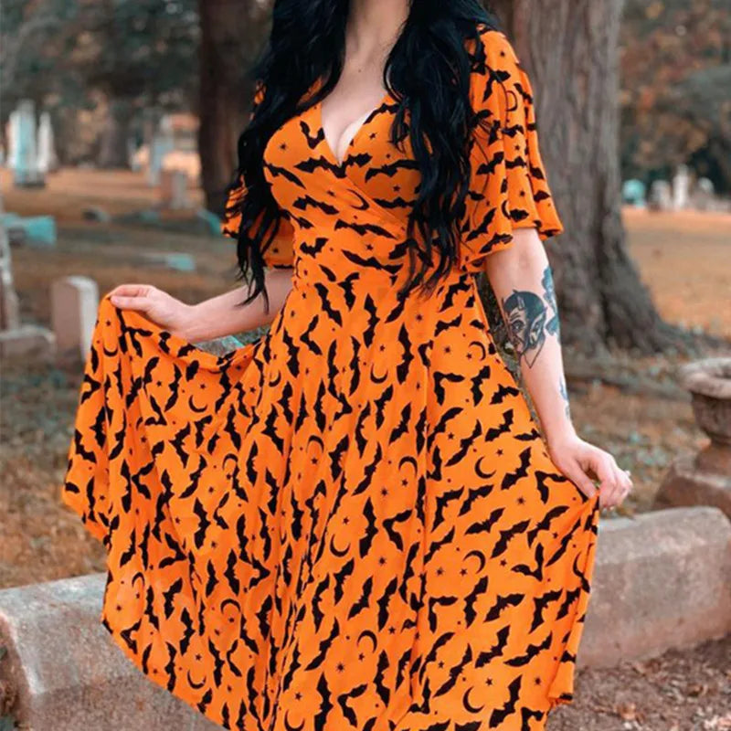 Yangelo Orange Deep V-neck Fairy Grunge Dress Women Mall Gothic Aesthetics Elegant Bat Pattern Split Sexy Dress