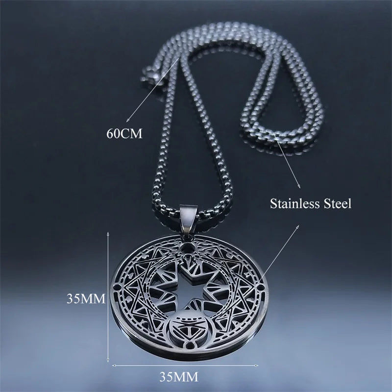 Goth Japan Anime Sakura Magic Circle Necklace - Card Captor Pentacle Hexagram Sacred Geometry Stainless Steel Jewelry (N42)