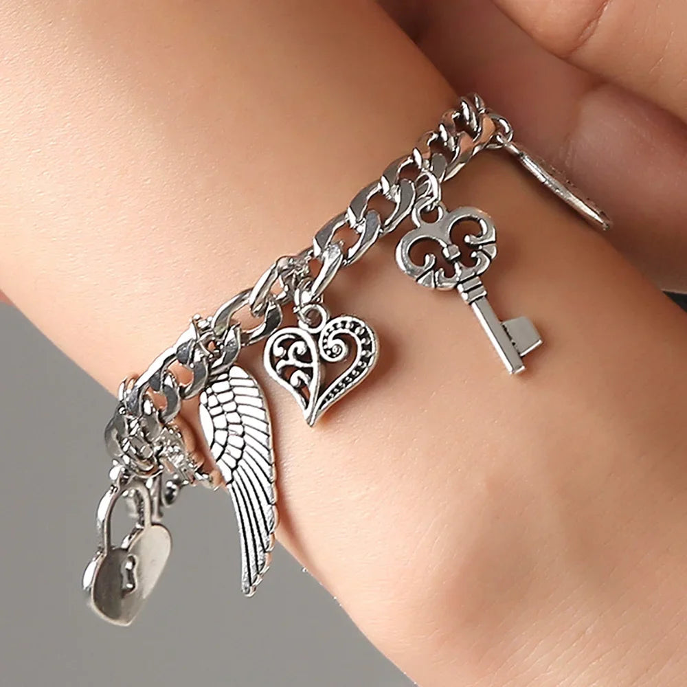 LossTower Vintage Silver Heart Lock Key Bangle – Flower Star Wings Fashion Pendant Charm Bracelet for Men and Women